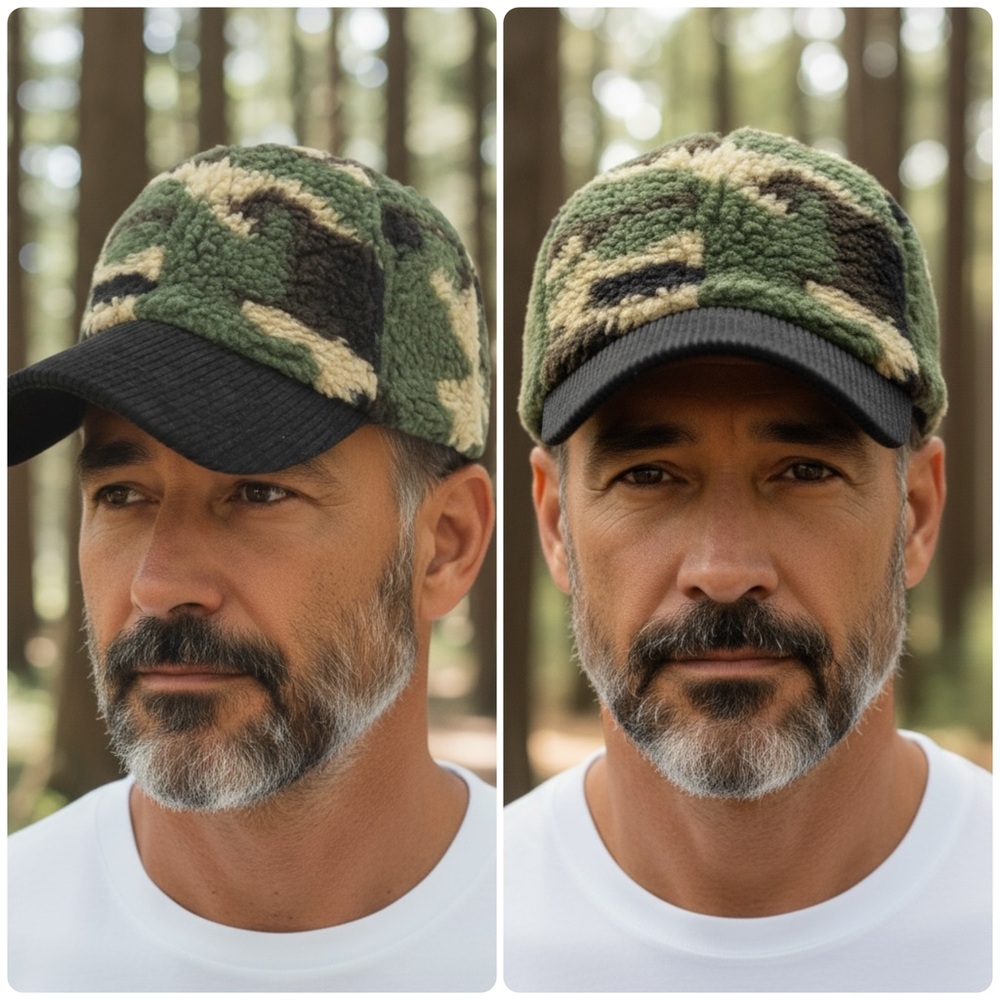 🆕 Camouflage Fleece Baseball Cap - Dark Camo Black Corduroy Rim - NWT